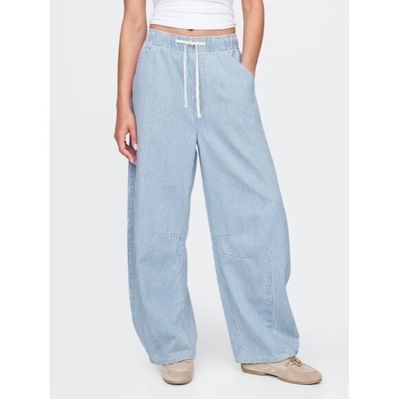 Gap Horseshoe Easy Jeans Womens L Tall Railroad Stripe Drawstring Waist Barrel - Picture 3 of 14
